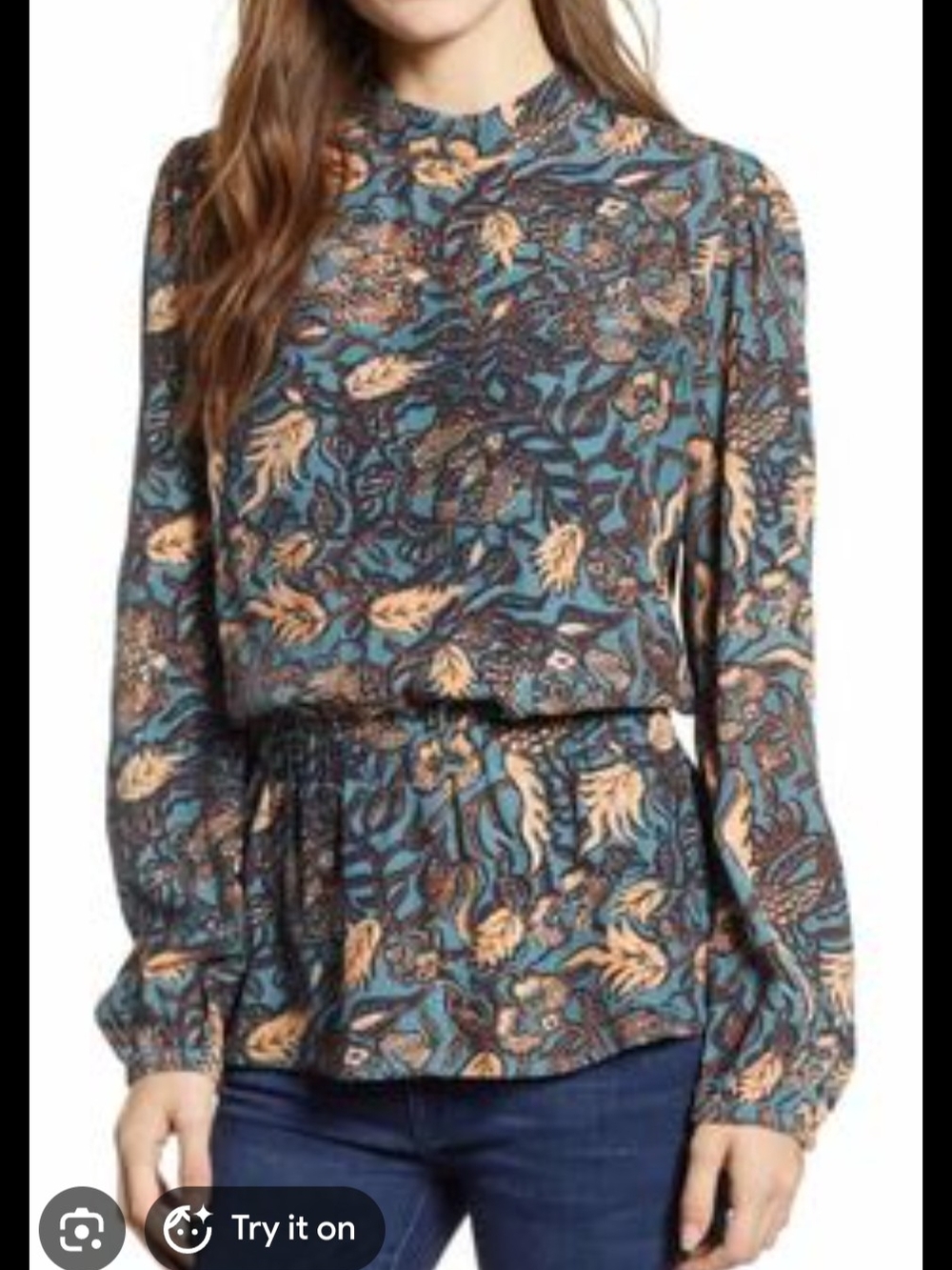 hinge Teal Floral Long-Sleeve Blouse with Peach Accents, XS